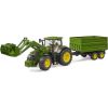 Bruder John Deere 7R 350 with front loader and tandem axle transport trailer, model vehicle