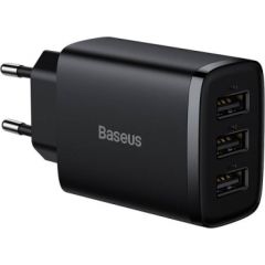 (Ir veikalā) Lādētājs 220v Baseus Compact Quick Charger, 3x USB, 17W (Black)