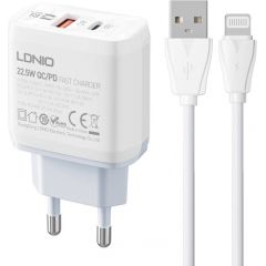 Wall charger  LDNIO A2421C USB, USB-C 22.5W + Lightning cable