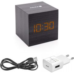 Evelatus EMC02 цифровой деревянный кубический будильник с термометром + USB адаптер Черный