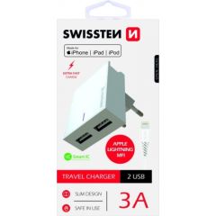 Swissten MFI Premium Apple Sertificēts Tīkla Lādētājs USB 3А / 15W Ar Lightning (MD818) vadu 120 cm Balts