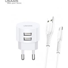 Usams US-T20 Set 2in1 Круглой формы Компактная Быстрая 2.1A Сетевая зарядка + USB на Micro 1м Кабель Белый