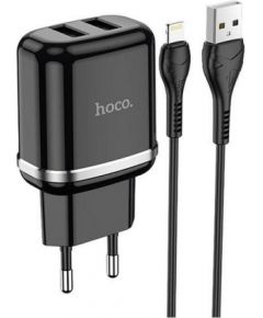 Hoco N4 12W 2x USB 2.4A Ligzdas Lādētājs priekš iPone un iPad ar Lightning 1m Vadu Melna