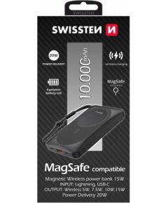 Swissten Magnetic Wireless Power Banka Ārējās Uzlādes Baterija USB / USB-C / Lightning / PD 20W / 10000 mAh