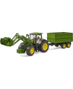 Bruder John Deere 7R 350 with front loader and tandem axle transport trailer, model vehicle