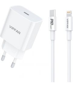 Vipfan E04 wall charger, USB-C, 20W, QC 3.0 + Lightning cable (white)