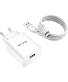 Vipfan E03 wall charger, 1x USB, 18W, QC 3.0 + USB-C cable (white)