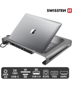 Swissten Многофункциональный Док USB-C станция для портативного компьютера / HDMI / USB 3.0 / 2x USB-C / RJ45 / SD / Micro SD / VGA / Audio / Серый