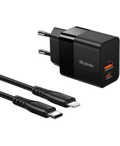 Mcdodo CH-1952 USB + USB-C wall charger, 20W + USB-C to Lightning cable (black)