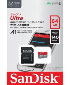 Sandisk Ultra Android microSDXC 64GB 140MB/s A1 Cl.10 UHS-I Карта памяти + Адаптер