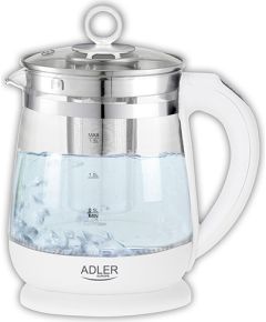 Adler Tējkanna AD 1299 Electric, 2200 W, 1.5 L, Glass/Stainless steel, 360° rotational base, White