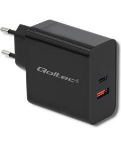 Qoltec 51716 Charger | 63W | 5-20V | 1.5-3A | USB type C PD | USB QC 3.0 | Black