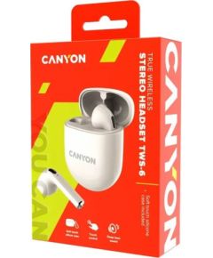 CANYON TWS-6, Bluetooth headset, with microphone, BT V5.3 JL 6976D4, Frequence Response:20Hz-20kHz, battery EarBud 30mAh*2+Charging Case 400mAh, type-C cable length 0.24m, Size: 64*48*26mm, 0.040kg, Beige