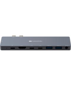 CANYON DS-8 Multiport Docking Station with 8 port, 1*Type C PD100W+2*Type C data+2*HDMI+2*USB3.0+1*Audio. Input 100-240V, Output USB-C PD100W&USB-A 5V/1A, Aluminium alloy, Space gray, 135*48*10mm, 0.056kg