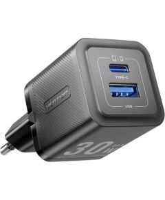 Wall charger, Vention, FEQB0-EU,  USB-C, USB- A, 30W/30W, GaN (black)