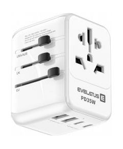 Evelatus Universal  35W World Travel Adapter 1PD&2Type-C&2USB Charger White