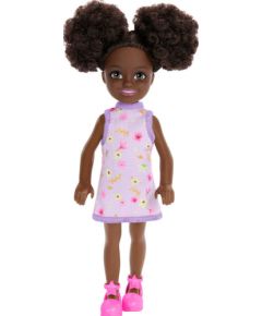 Mattel Barbie: Chelsea with Purple Floral Dress, Space Buns  Brown Eyes (Dark Skin) Doll (HXM96)