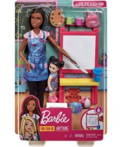 Mattel Barbie You Can be Anything - Dark Skin Doll Art Teacher with Brunette kid Doll (GJM30)