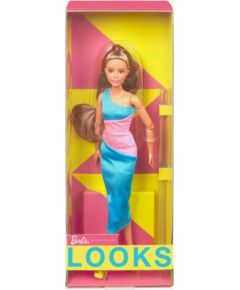 Mattel Barbie Signature Looks: Short Doll with Brunette Ponytail Turquoise/Pink Dress Model #15 (HJW82)