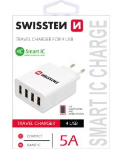 Swissten Smart IC Сетевое зарядное устройство USB 4x 2.1A / 25W / 5A С Автоматическим Выбором Напряжения