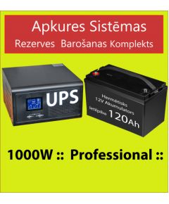 Komplekts: Profesionāls Invertors UPS apkures sistēmai 1000W + 12V 120Ah akum.