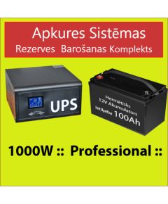 Komplekts: Profesionāls Invertors UPS apkures sistēmai 1000W + 12V 100Ah akum.