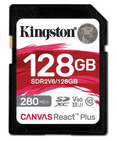 Kingston Technology 128GB Canvas React Plus SDXC UHS-II 280R/100W U3 V60 for Full HD/4K