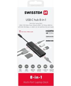 Swissten 8in1 USB-C Hubs Alumīja Centrmezgls USB-C 100W / HDMI 4K / LAN RJ45 / 2x USB-A / USB-C / SD / MICRO SD