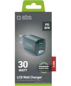 Charger SBS GaN 30W, USB-C, LCD, Light Blue