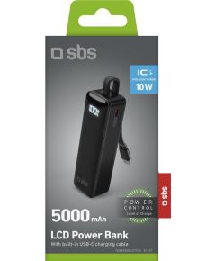 Powerbank SBS 5000mAh, 10W, LCD, integrated cable, Black