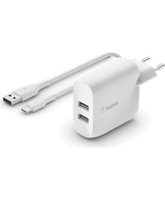 Сетевая зарядка Belkin Boost Charge Dual USB-A 24W + USB-A to USB-C cable белая