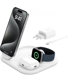 Bezvadu lādētājs Belkin BOOST Charge 3in1 Qi2 15W magn.Charg.Stand white  WIZ029vfWH