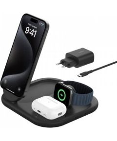 Bezvadu lādētājs Belkin BOOST Charge 3in1 Qi2 15W magn.Charg.Stand black  WIZ029vfBK