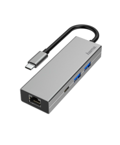 Hama USB-C Hub, 2 x USB-A, USB-C, LAN/Ethernet, sudraba - Adapteris