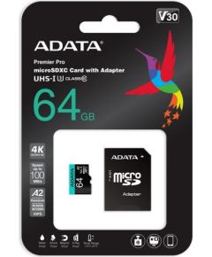 A-data ADATA 64GB Premier Pro MICROSDXC, R/W up to 100/80 MB/s, with Adapter