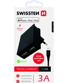 Swissten MFI Premium Apple Сертифицированное Зарядное устройство USB 3А / 15W С проводом Lightning (MD818) 120 см Черное