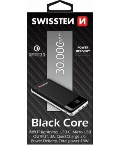 Swissten Black Core Premium Recovery Power Bank 2.1A / USB / USB-C / 30000 mAh Черный