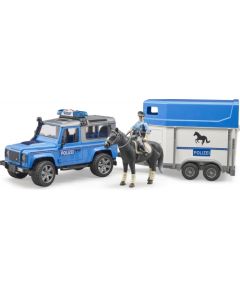 BRUDER auto Land Rover Defender Policijas transportlīdzeklis ar zirga piekabi, zirgs ar policistu, 02588