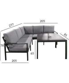 Dārza mēbeļu komplekts ADRIAN galds un stūra dīvāns, tumši pelēks alumīnija rāmis, pelēki spilveni