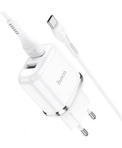 Hoco N4 universāls tīkla lādētājs 2 x USB / 5V / 2.4A + USB-C vads 1M balts