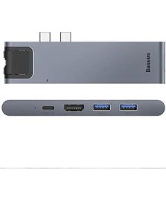 Baseus CAHUB-L0G 7 in 1 Приставка для MacBook / HDMI / 2 x USB 3.0 / USB-C / RJ45 / SD / Micro SD Thunderbolt C+