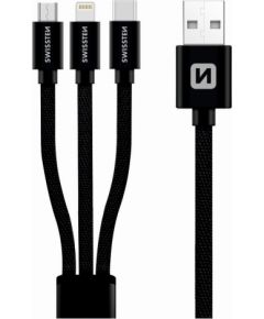 Swissten Textile Universal 3in1 USB-C / Lightning Data MFI / MircoUSB kabelis 1,2 m melns