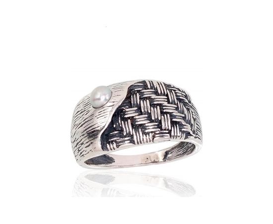 Серебряное кольцо #2101704(POx-Bk)_PE, Серебро	925°, оксид (покрытие), Жемчуг , Размер: 18.5, 4.7 гр.