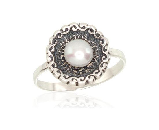 Серебряное кольцо #2101204(POx-Bk)_PE, Серебро	925°, оксид (покрытие), Жемчуг , Размер: 18, 2.6 гр.