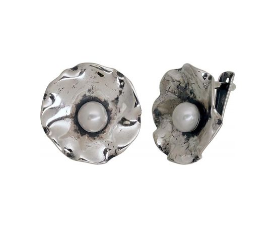 Серебряные серьги на английском замке #2203543(POx-Bk)_PE, Серебро	925°, оксид (покрытие), Жемчуг , 4.6 гр.