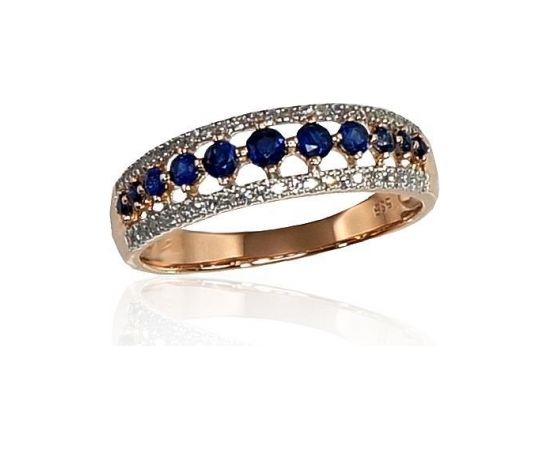 Золотое кольцо #1100189(Au-R+PRh-W)_DI+SA, Красное Золото	585°, родий (покрытие) , Бриллианты (0,135Ct), Сапфир (0,402Ct), Размер: 17, 2.23 гр.