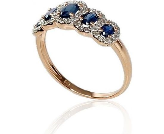 Золотое кольцо #1100203(Au-R+PRh-W)_DI+SA, Красное Золото	585°, родий (покрытие) , Бриллианты (0,128Ct), Сапфир (0,7Ct), Размер: 18, 1.67 гр.