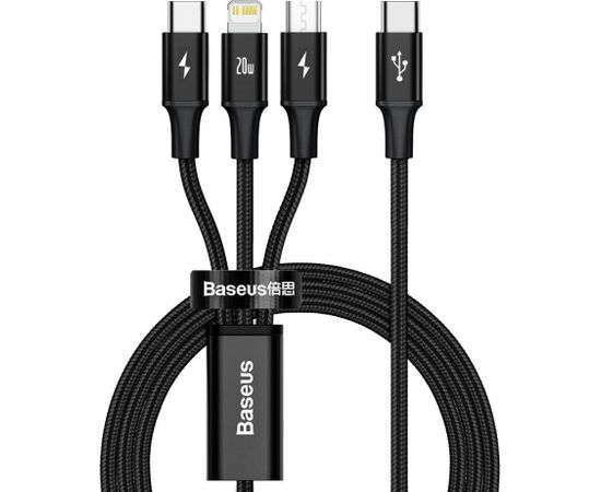 Kabelis USB C spraudnis un pārejas uz 3 spraudņiem (USB C (līdz 15W), micro USB (līdz 10W), lightning (līdz 20W)) 1.5m melns Rapid BASEUS