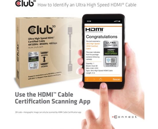 Club 3d CLUB3D Ultra High Speed HDMI™2.1 Cable 10K 120Hz 48Gbps M/M 2 m./6.56 ft.