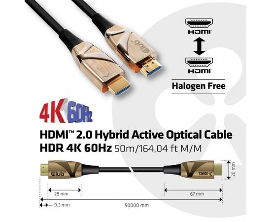 Club 3d CLUB3D HDMI 2.0 UHD Active Optical Cable HDR 4K 60Hz M/M 50m/164,04ft